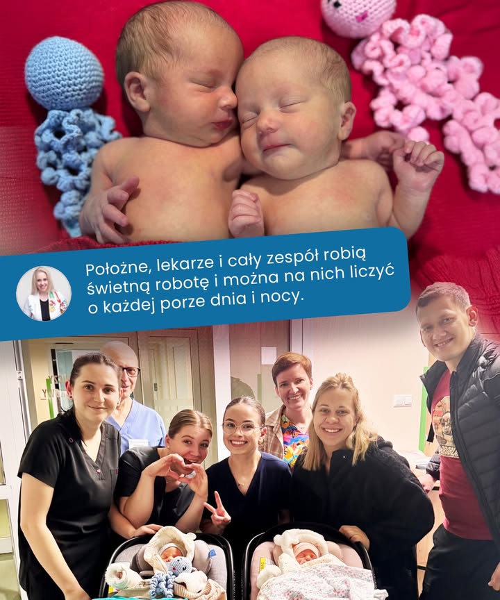 Noworodki z personelem medycznym.