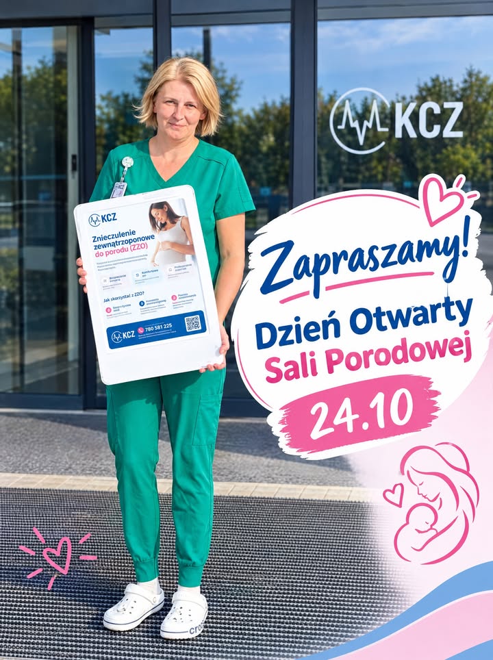 Lektor medyczny z plakatem zapraszającym.
